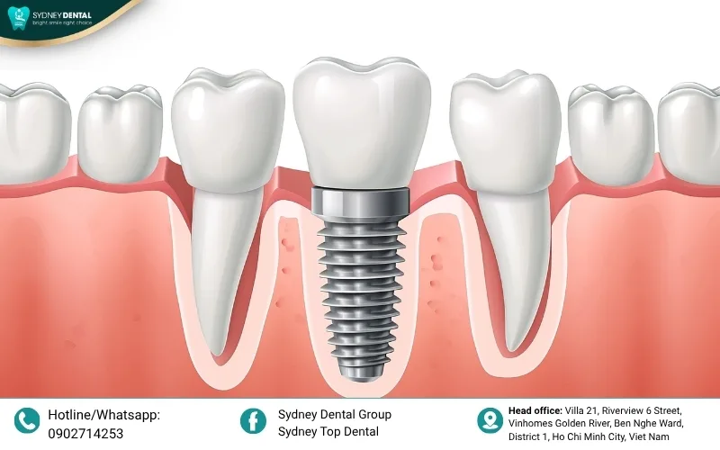 The three essential components of a dental implant: Titanium post, Abutment, and Porcelain crown.