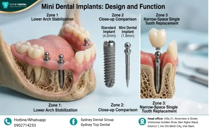Small-diameter implants providing immediate stability in narrow bone ridges.
