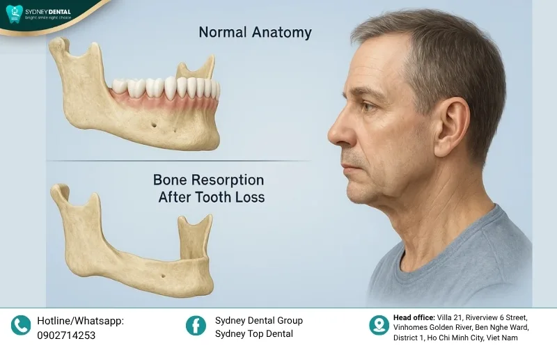 Comparison of a healthy jawbone with natural teeth versus a resorbed jawbone due to long-term tooth loss.
