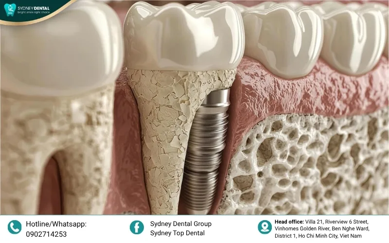 Comparison showing dense healthy bone versus porous osteoporotic bone, illustrating why density is vital for implant support.
