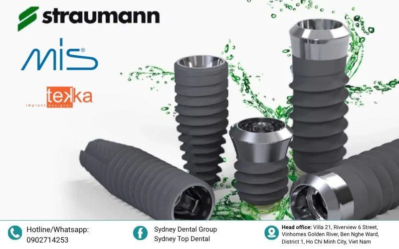  A display of trusted mid-range implant brands including Dentium, MIS, and Tekka, offering a balance of high performance and affordability.