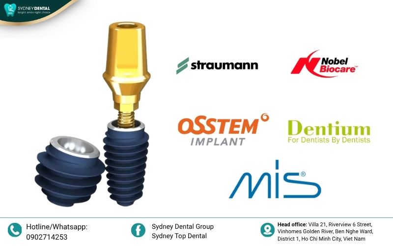Display of premium, globally recognized dental implant and abutment component boxes from leading manufacturers like Straumann, Nobel Biocare, and Osstem.